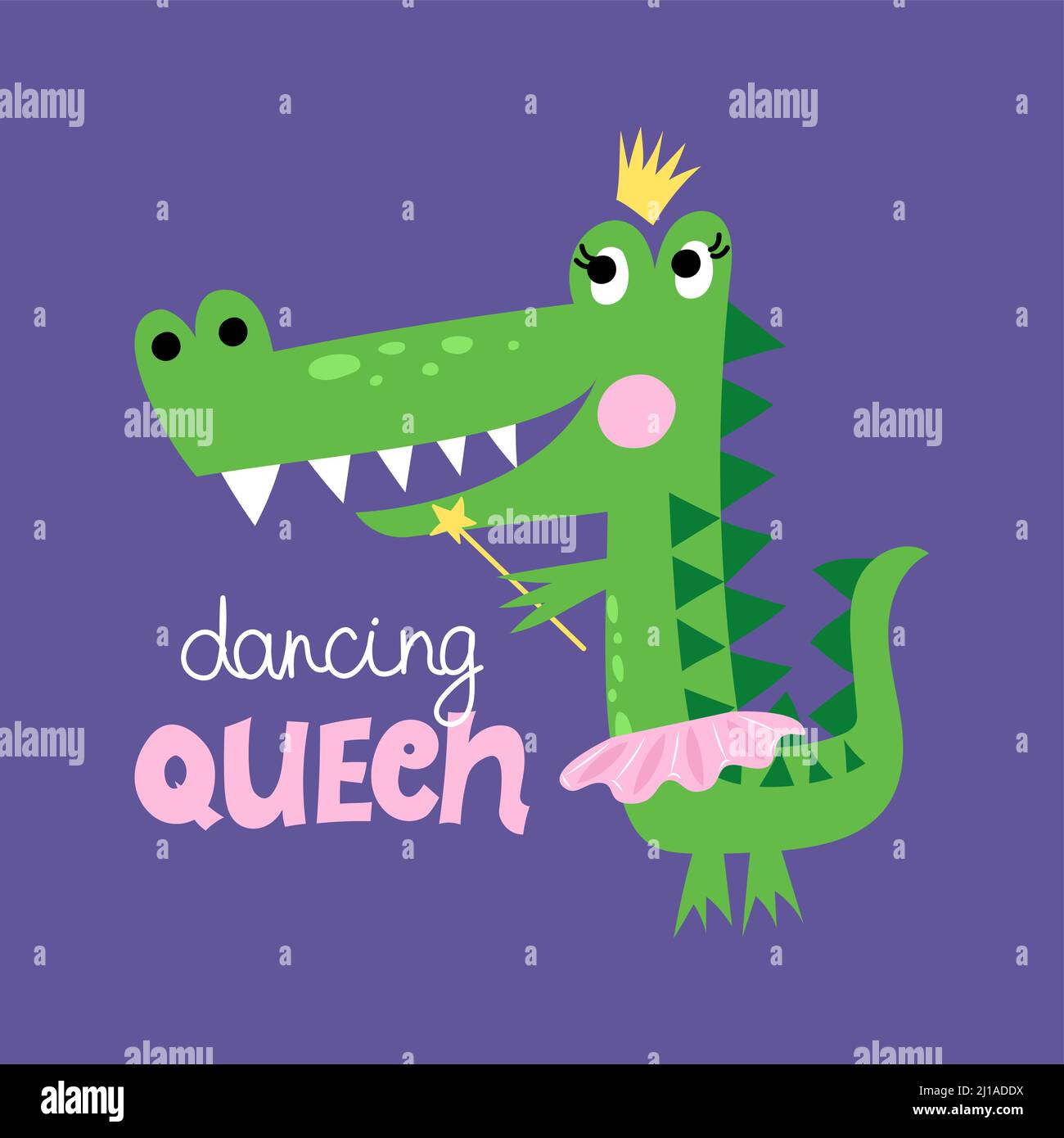 dancing queen - funny hand drawn doodle, cartoon crocodile. Good for Poster or t-shirt textile graphic design. Vector hand drawn illustration. Crocodi Stock Vector