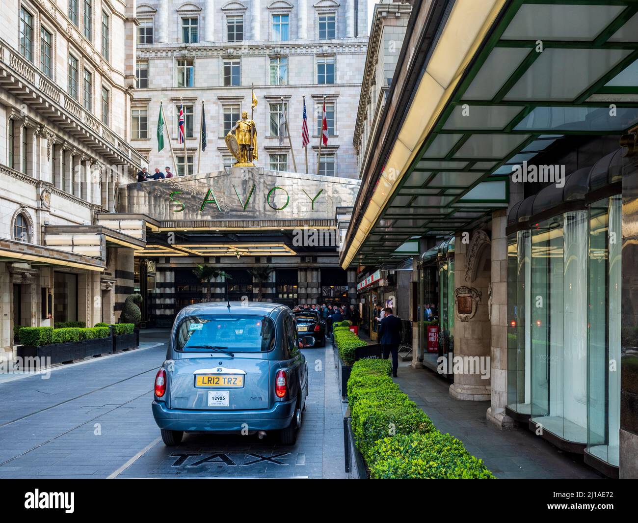 Savoy Hotel London - classic front entrance of the luxury Savoy Hotel London, opened 1889. Architect Thomas Edward Collcutt Stock Photo