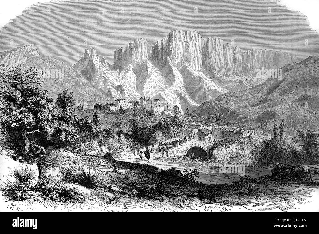 View of the Glandasse Mountain (2041m) Valley and Romeyer Village in the Pays Diois in the Vercors Massif or Vercors Regional Park Drôme France. Vintage Illustration or Engraving 1860. Stock Photo