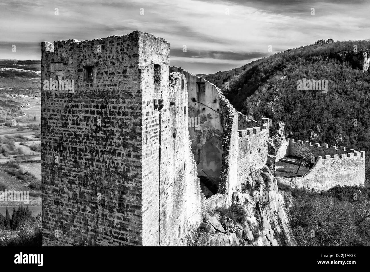 an aerial view of old castle Pietrapelosa, located between Buzet and Livade, Istria, black and white, Croatia Stock Photo