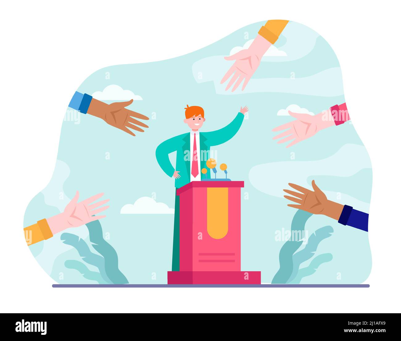 Candidate election campaign. Hands of voters pointing at politician flat vector illustration. Political leader, voting, referendum concept for banner, Stock Vector