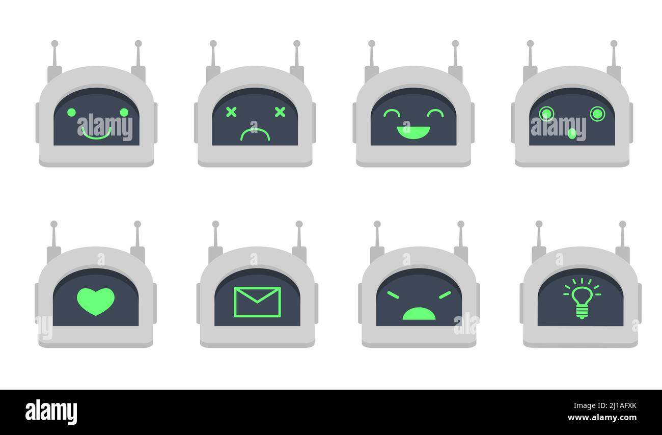 Chatbot head flat icon set. Cartoon cute robot avatar with different emoji and icons on face isolated vector illustration collection. Computer charact Stock Vector