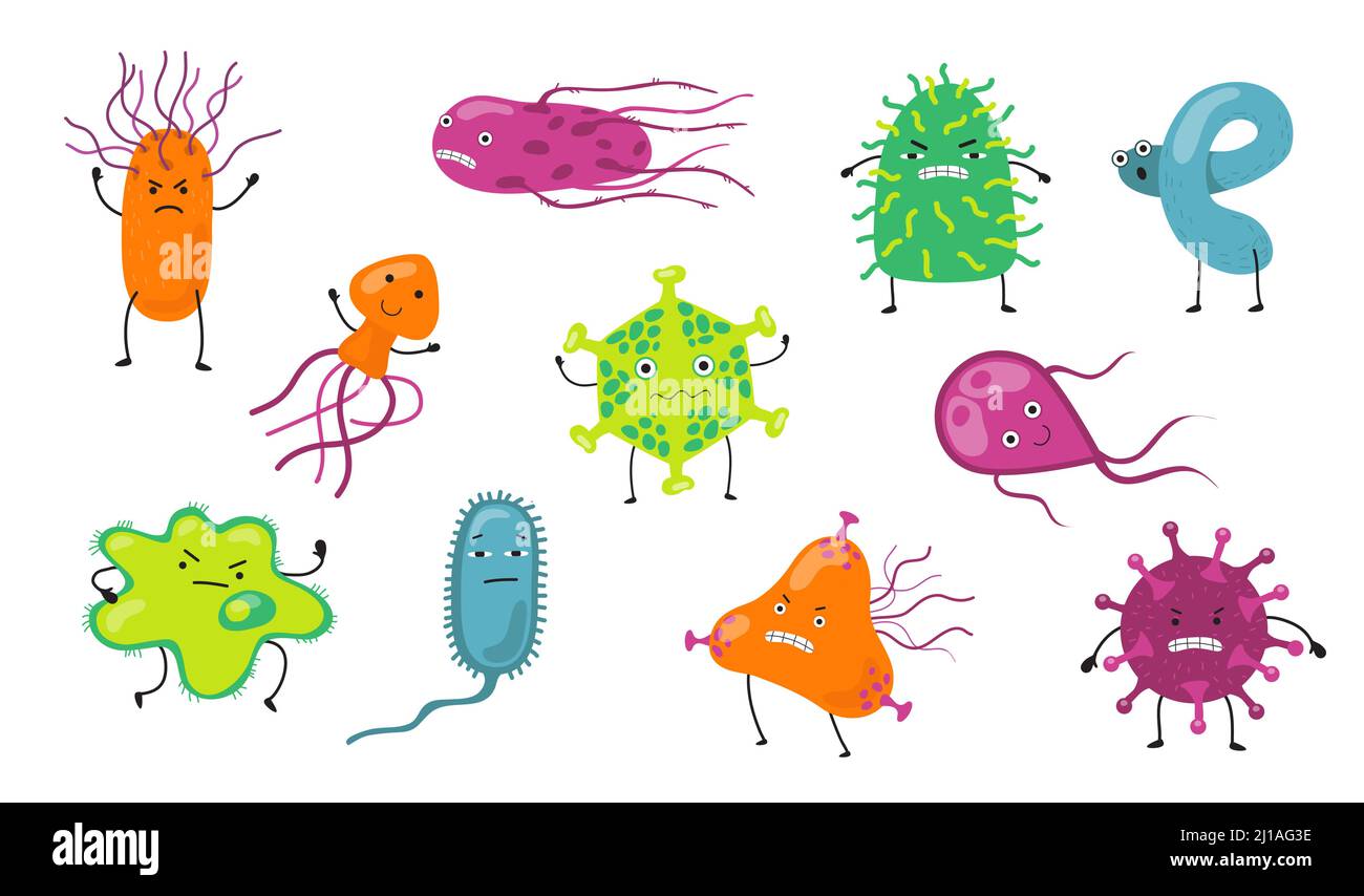 Cartoon virus characters flat icon set. Funny infection bacteria, flu germs, bacillus and microbe organism isolated vector illustration collection. Mi Stock Vector
