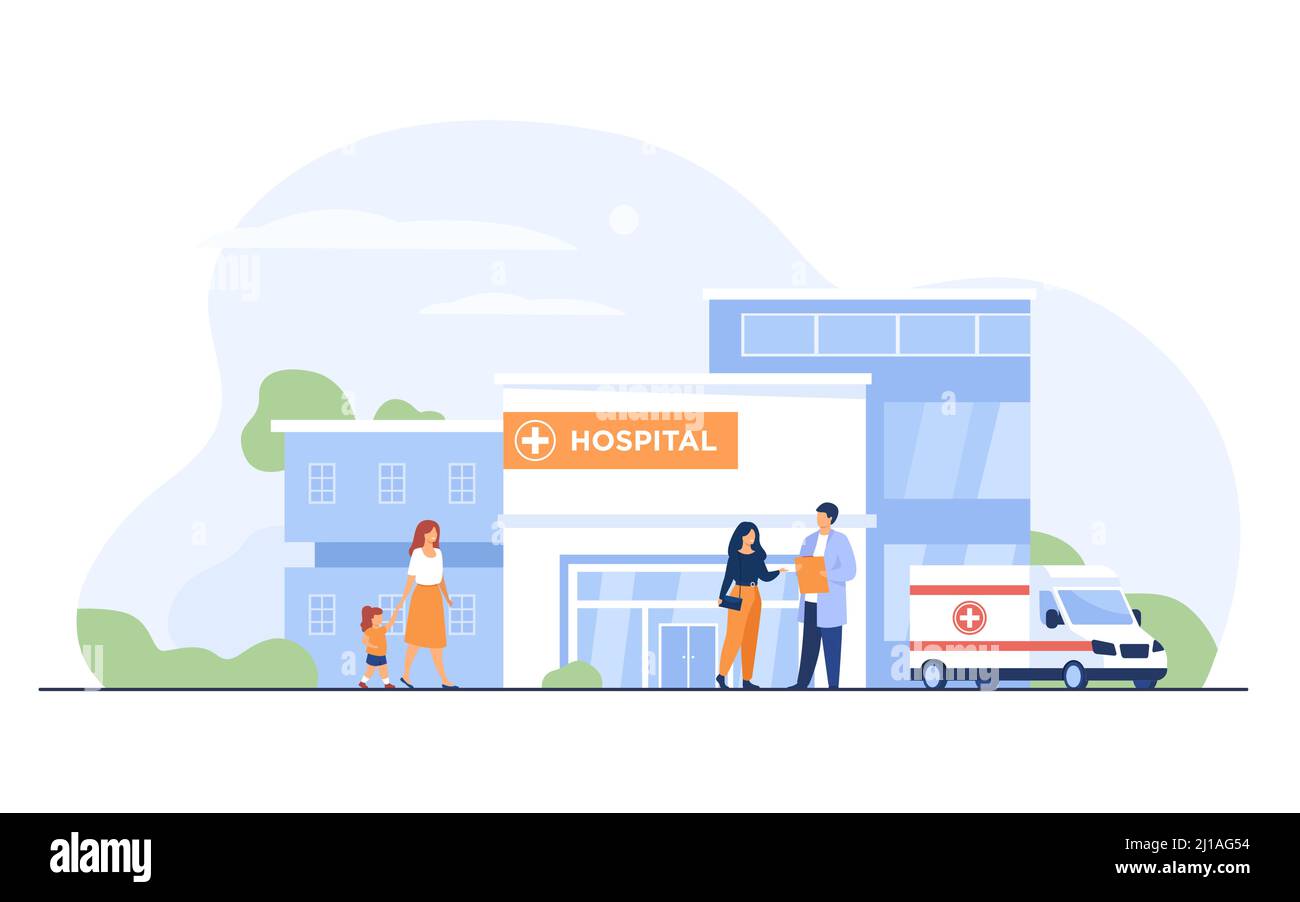 City hospital building. Patient talking to doctor at entrance, ambulance car parked at clinic. Can be used for emergency, medical care, health center Stock Vector