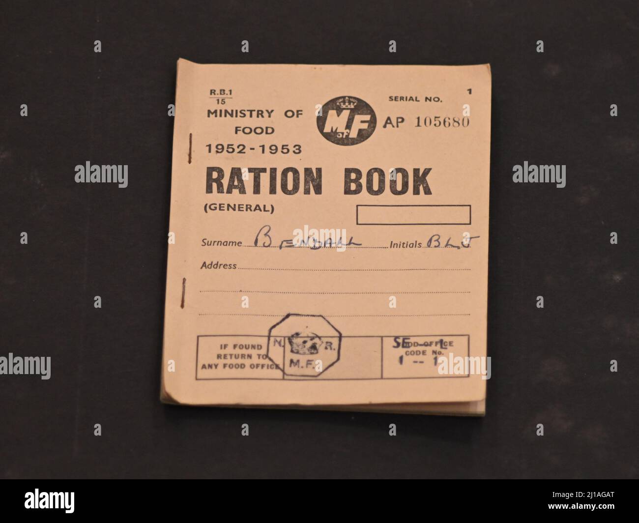 An original Ration Book issued by the Ministry of Food from 1952 to 1953 Stock Photo