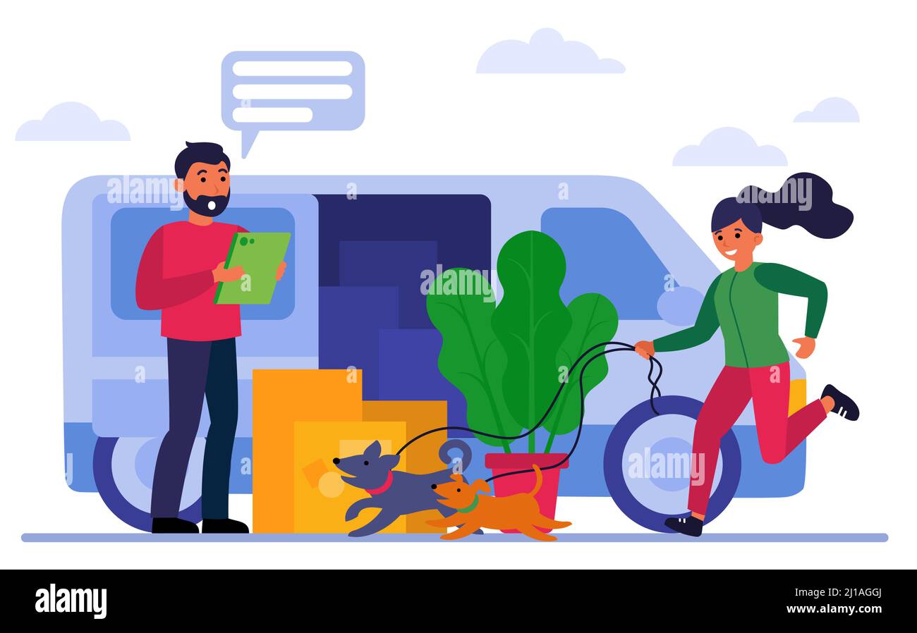 Courier talking to woman walking dog. Moving house, truck, cardboard box flat vector illustration. Delivery service concept for banner, website design Stock Vector