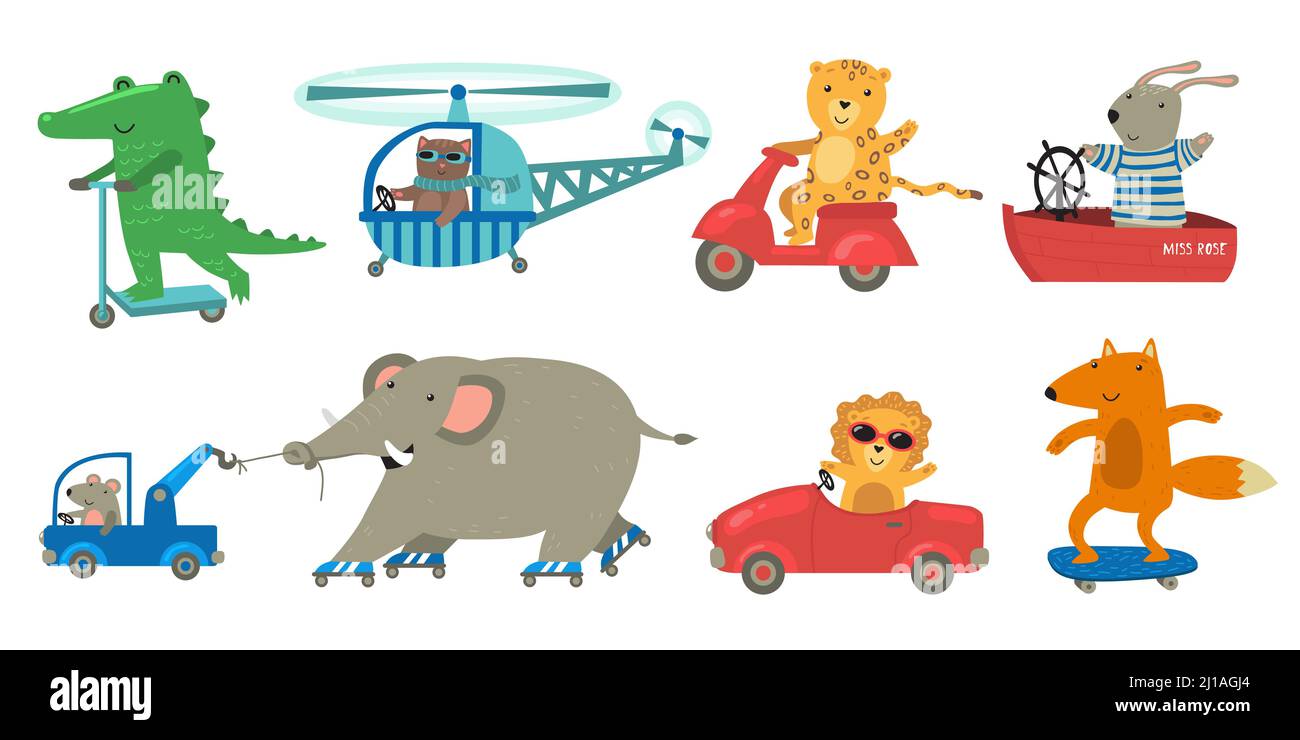 Cute animals riding toy transport set. Happy funny lion, crocodile, bunny travelling by helicopter, boat, motor bike, skateboard. Cartoon characters f Stock Vector