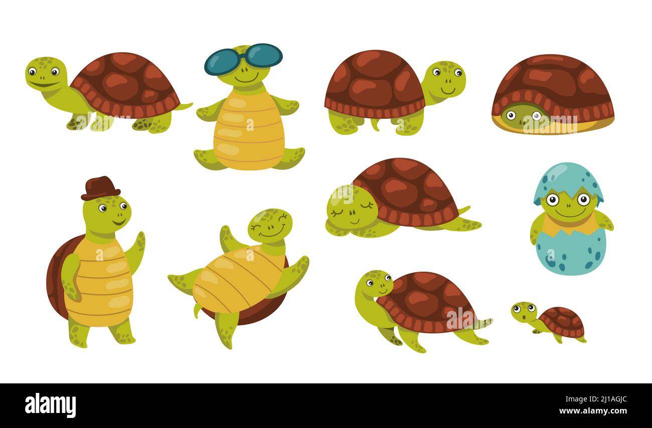 Cute funny turtle set. Adorable cartoon character walking, hatching, hiding, relaxing, sleeping. Flat vector illustration for animals or wildlife conc Stock Vector