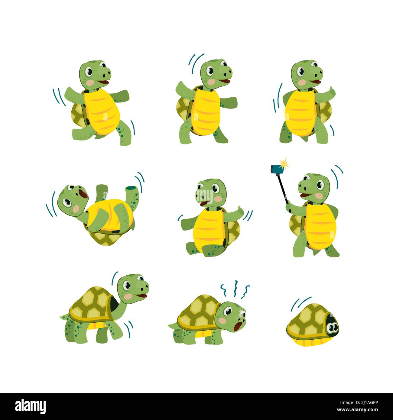 Cute little turtle flat icon set. Cartoon smiling animal character dancing, walking and having fun isolated vector illustration collection. Mascot and Stock Vector