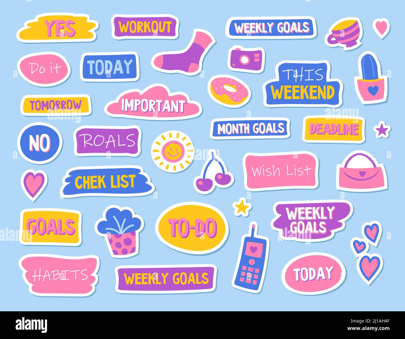 Diary and planner flat stickers set. Cute memo templates for journal, reminder and scrapbook vector illustration collection. Calendar, stationery and Stock Vector