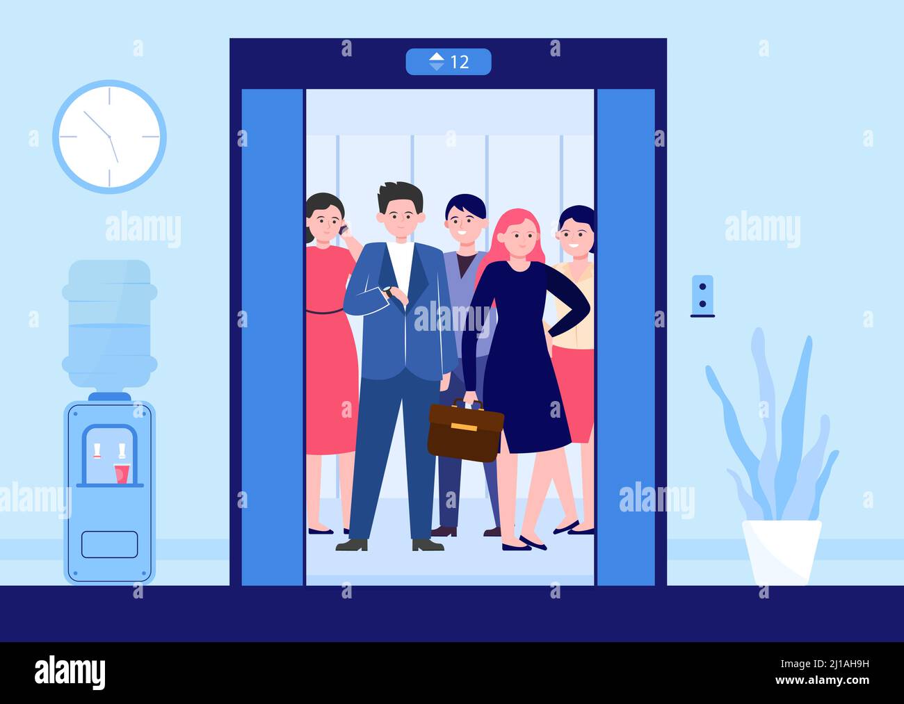 Different people lifting on elevator. Open door of office lifts with ...