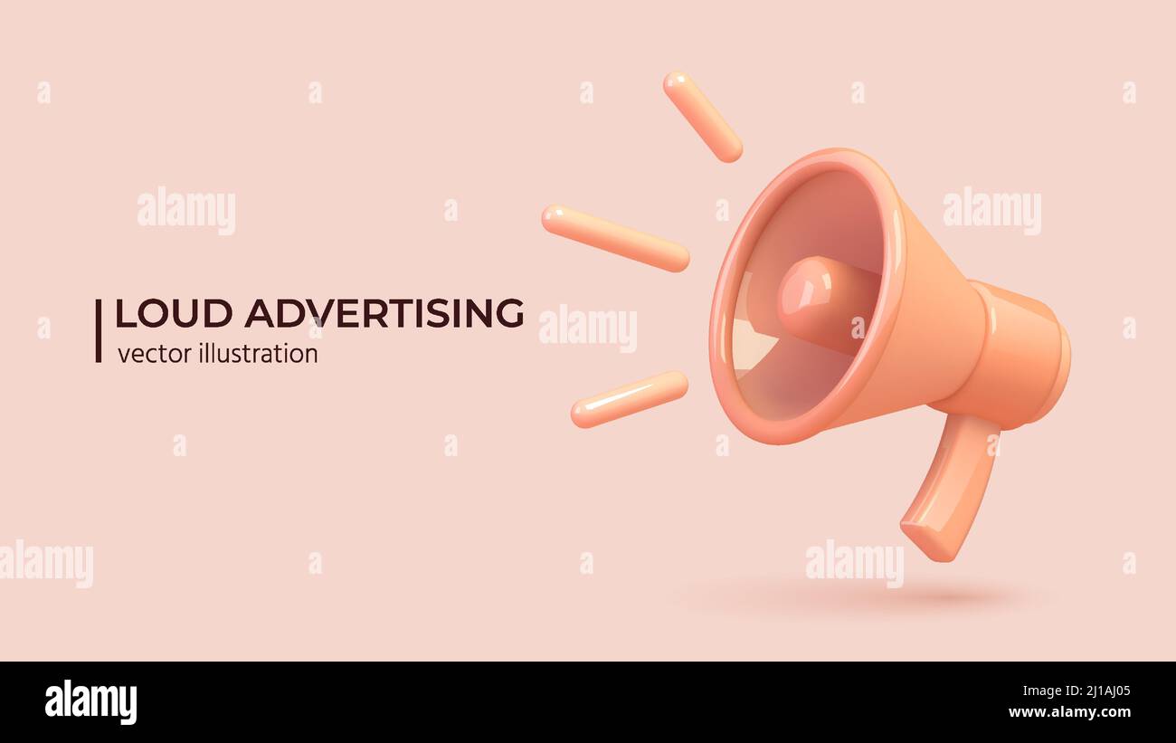 Marketing or advertising concept, 3d megaphone loudspeaker in realistic cute cartoon style. Vector illustration Stock Vector