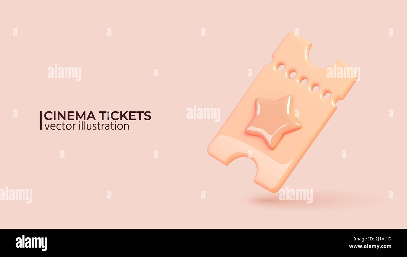 Cinema vector ticket on pink background. Realistic 3d design in trendy colors. Design in cartoon style. Vector illustration Stock Vector
