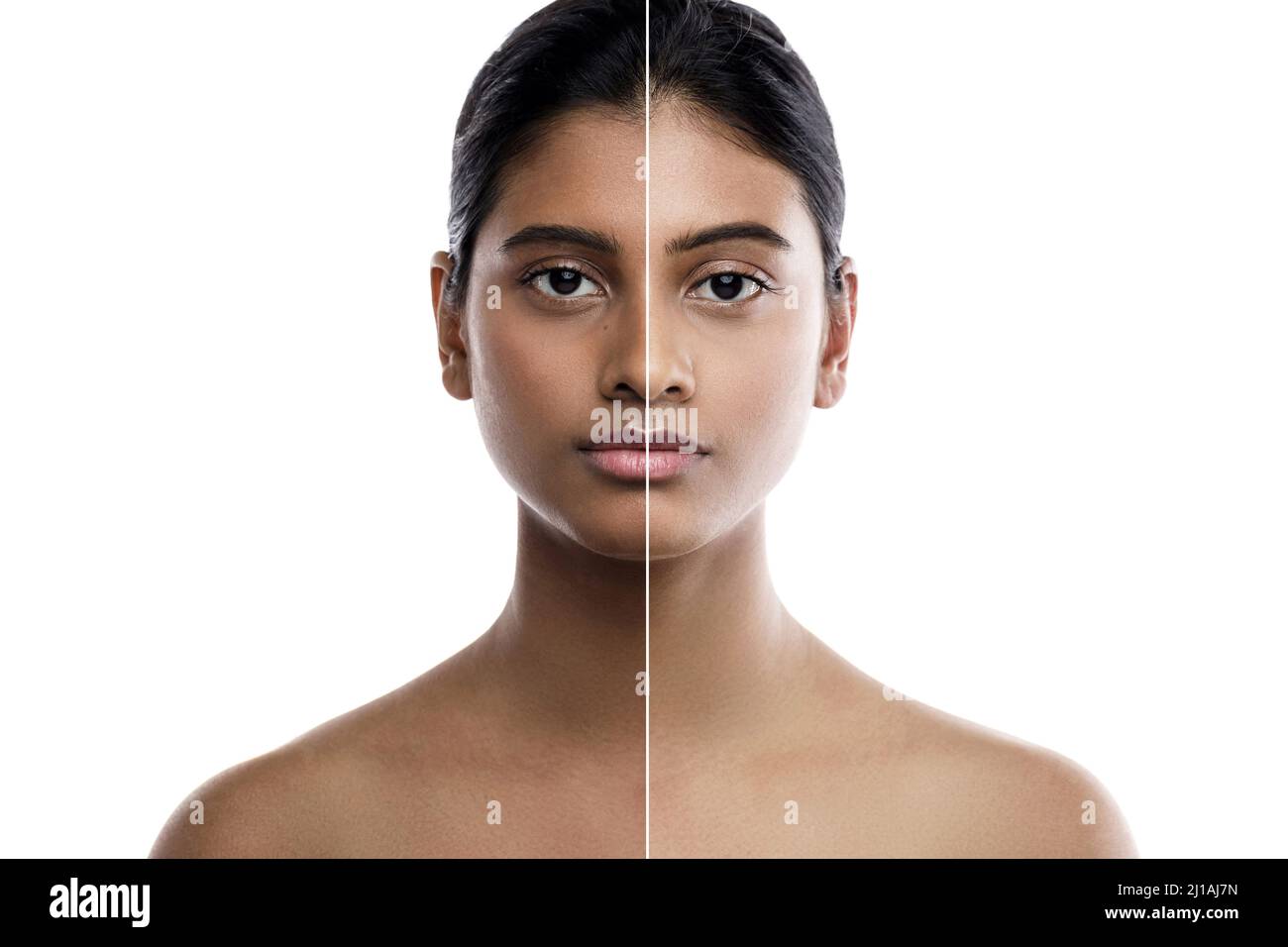 Indian woman and result of skin whitening treatment Stock Photo