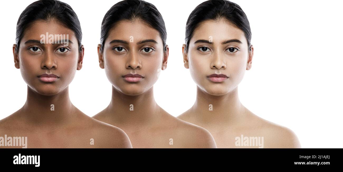 Indian woman and result of skin whitening treatment Stock Photo