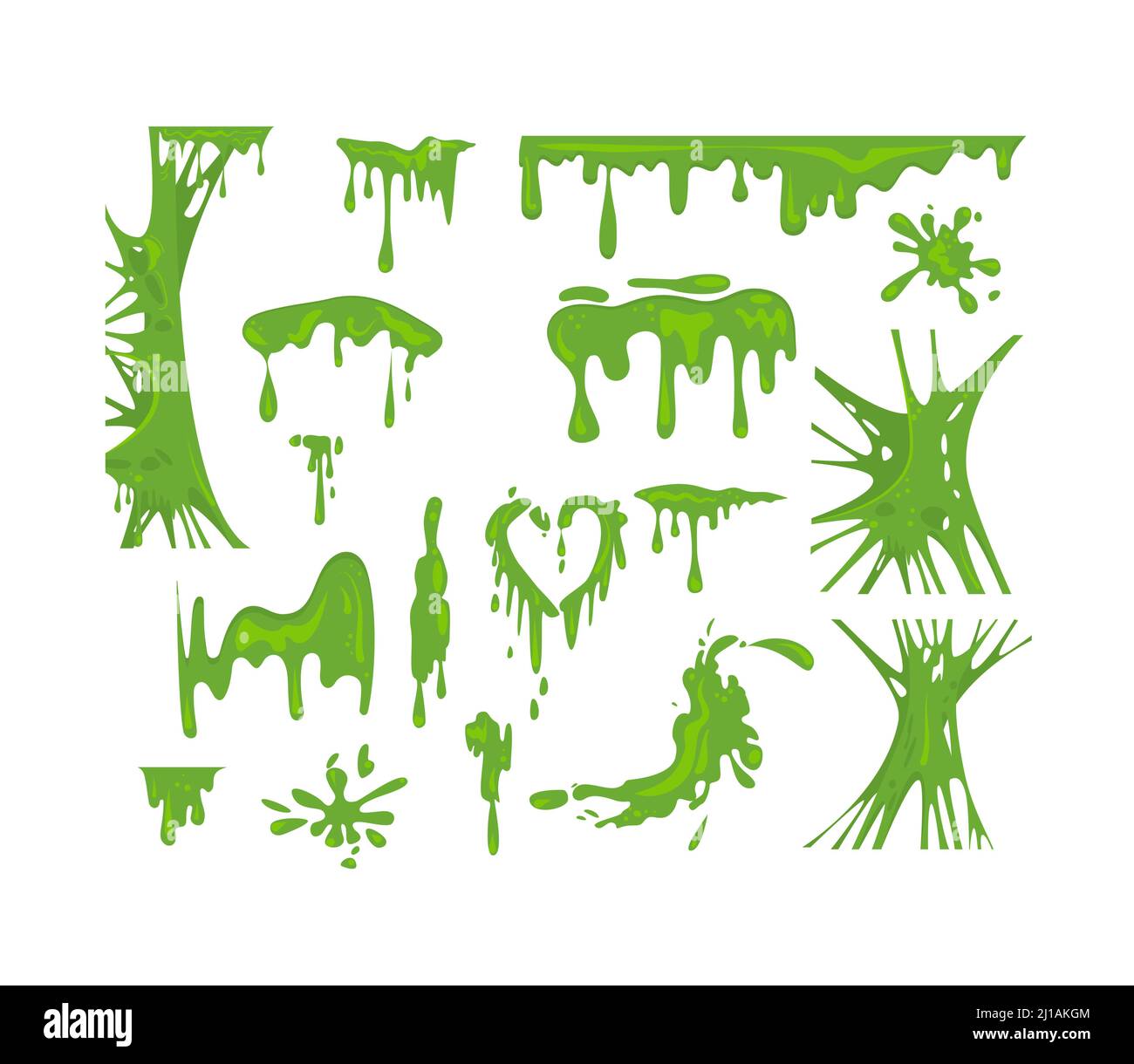 Green slime flat icon set. Goo blob splashes and toxic dripping mucus isolated vector illustration collection. Decorative shapes and liquid borders fo Stock Vector