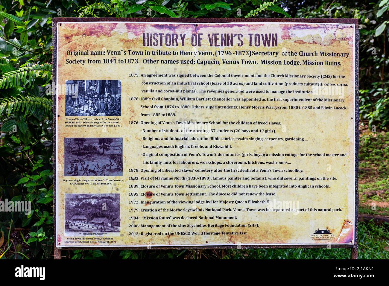 Mahe, Seychelles, 03.05.2021. Venn's Town - Mission Lodge information board with the history of the old missionary school on Mahe Island, Seychelles. Stock Photo