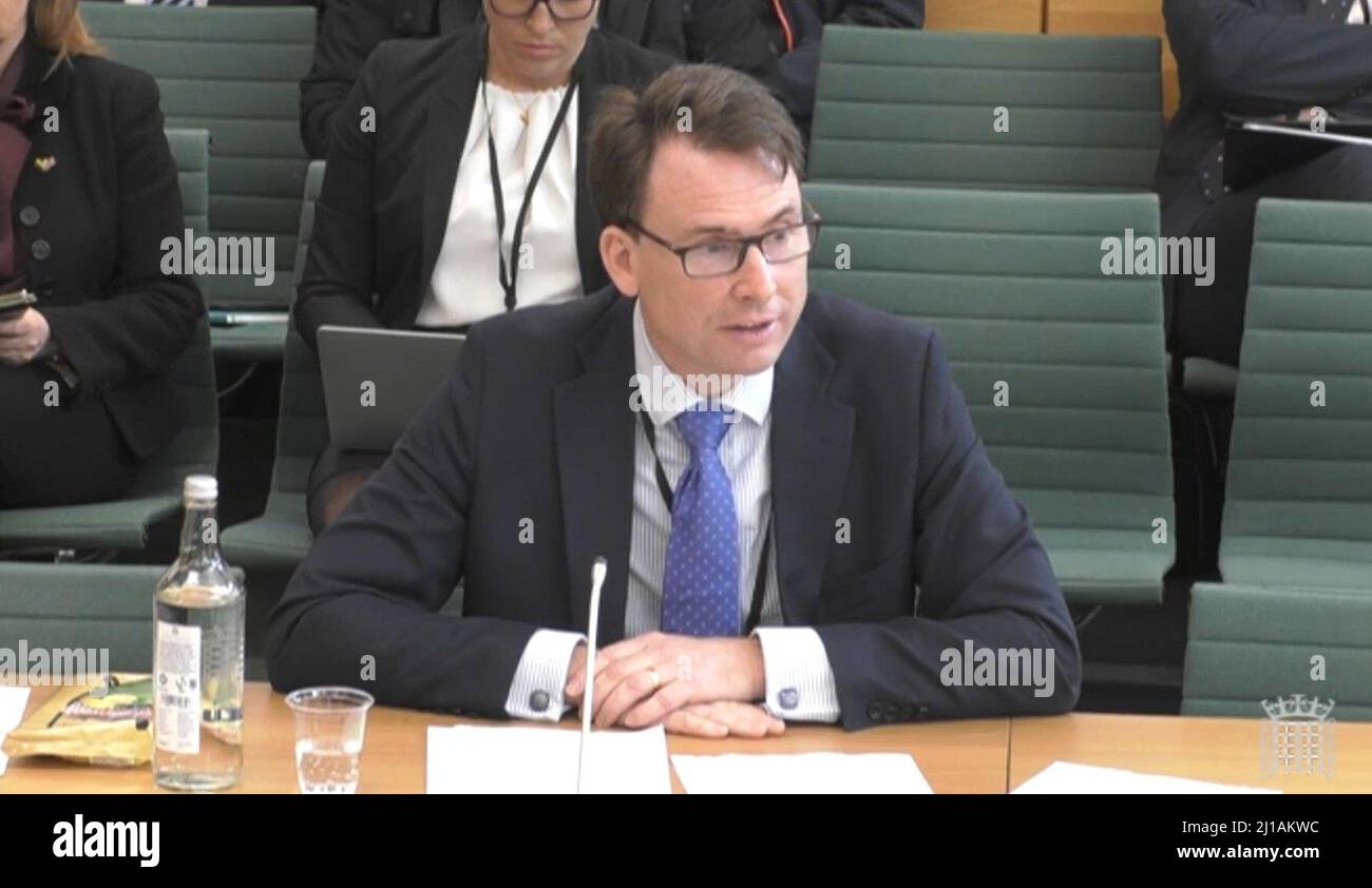 Andrew Burns QC, barrister at Devereaux Chambers, answering questions in front of the Transport Committee and Business, Energy and Industrial Strategy Select Committee in the House of Commons, London, on the subject of P&O Ferries after the ferry giant handed 800 seafarers immediate severance notices last week. Picture date: Thursday March 24, 2022. Stock Photo