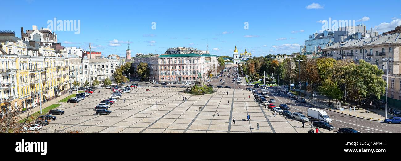 View from above on St. Michaels Golden-Domed Monastery and Sophia Square, Kyiv Ukraine Stock Photo