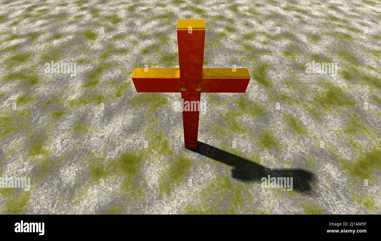 Concept or conceptual golden cross on a vintage grungy stone background. 3d illustration metaphor for God, Christ, Christianity, religious, faith, hol Stock Photo