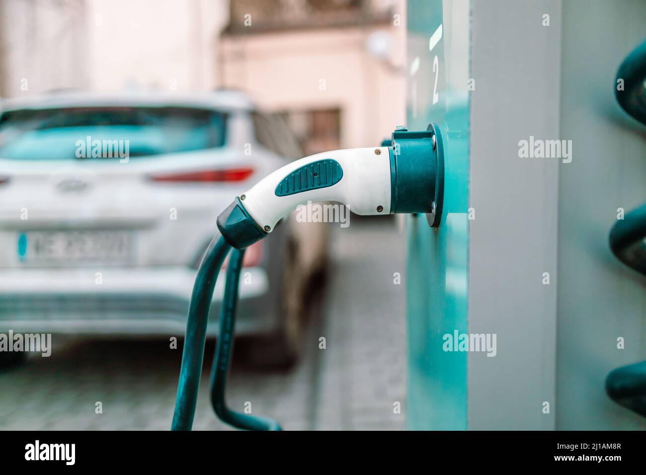 Electric car charging battery. Electric car power station with