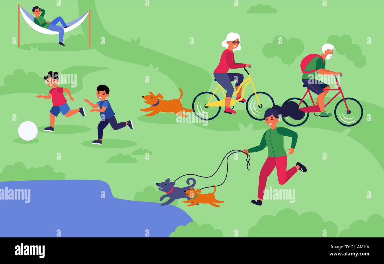 Happy people enjoying outdoor activities. Children, old couple, people walking dog flat vector illustration. Active lifestyle, leisure concept for ban Stock Vector