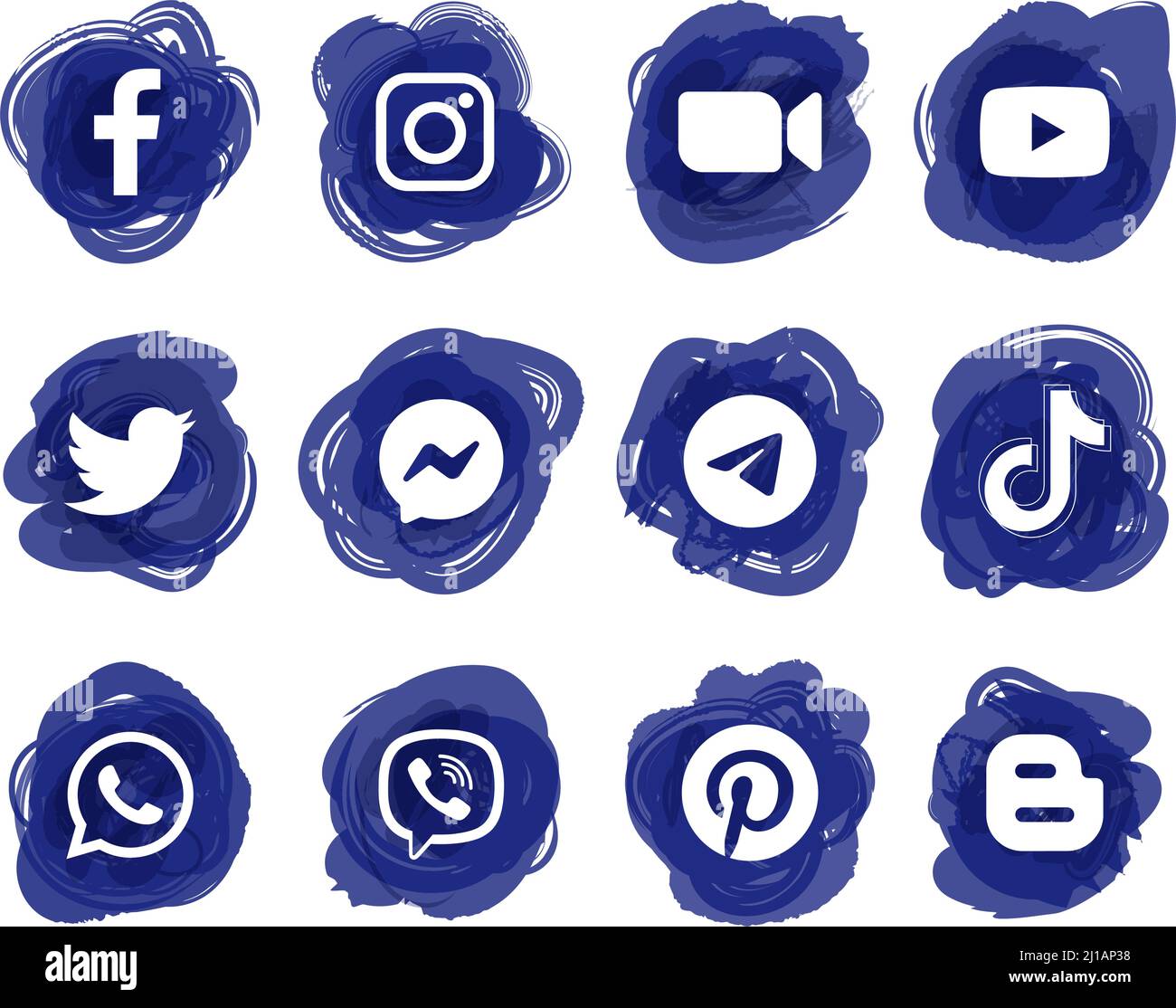 Kiev, Ukraine - July 03, 2021: Popular social media blue ink drops icons, printed on paper: Facebook, Twitter, Instagram, Tiktok, Youtube, and others. Stock Vector