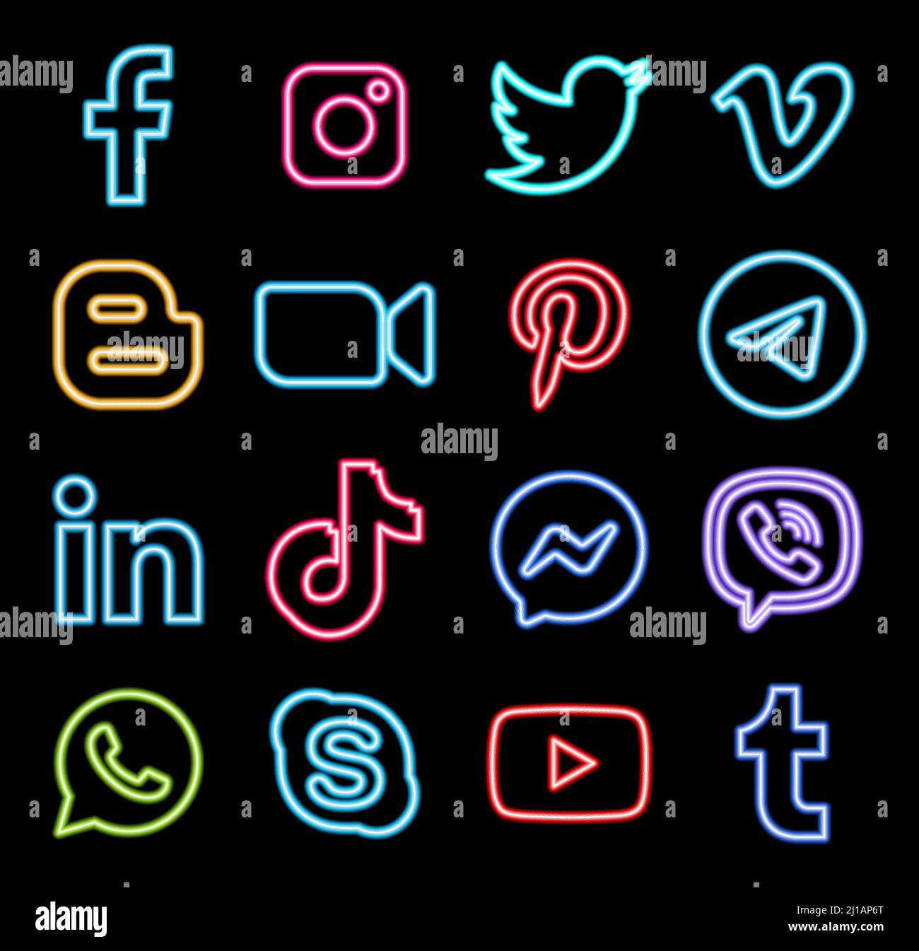 Kiev, Ukraine - July 03, 2021: Set of popular logos in neon design: Facebook, Instagram, Twitter, Youtube, WhatsApp, and others. Vector illustration Stock Vector