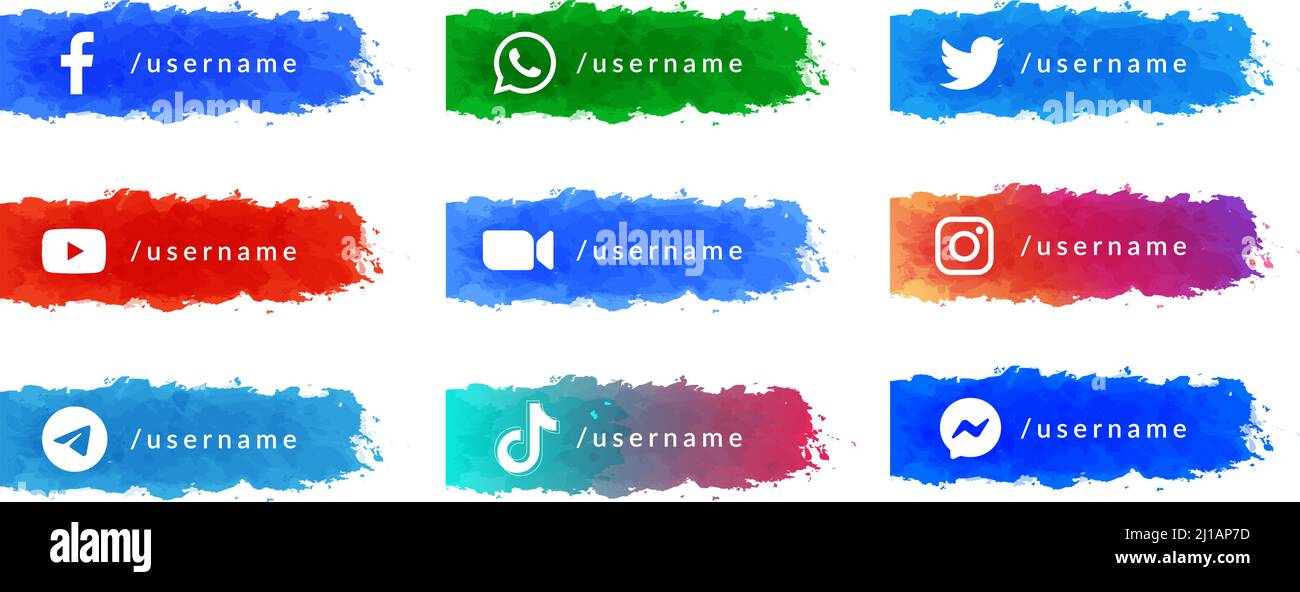 Kiev, Ukraine - July 03, 2021, 2021: Set of watercolor stickers with popular apps logos: Facebook, Instagram, Twitter, Youtube, Tiktok and others. Vec Stock Vector