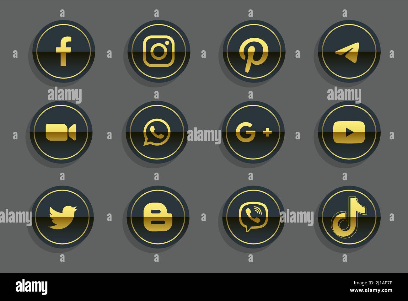Kiev, Ukraine - July 03, 2021: Set of golden circle popular Social Media icons: Facebook, Instagram, Twitter, Youtube, WhatsApp and others. Vector ill Stock Vector