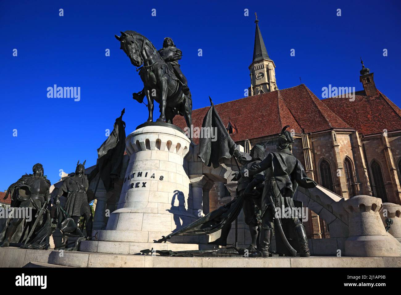 Reiterstandbild von Matthias Corvinus, Matthias Rex und Die Klausenburger Michaelskirche in Cluj-Napoca, deutsch Klausenburg, ist das bedeutendste Bei Stock Photo