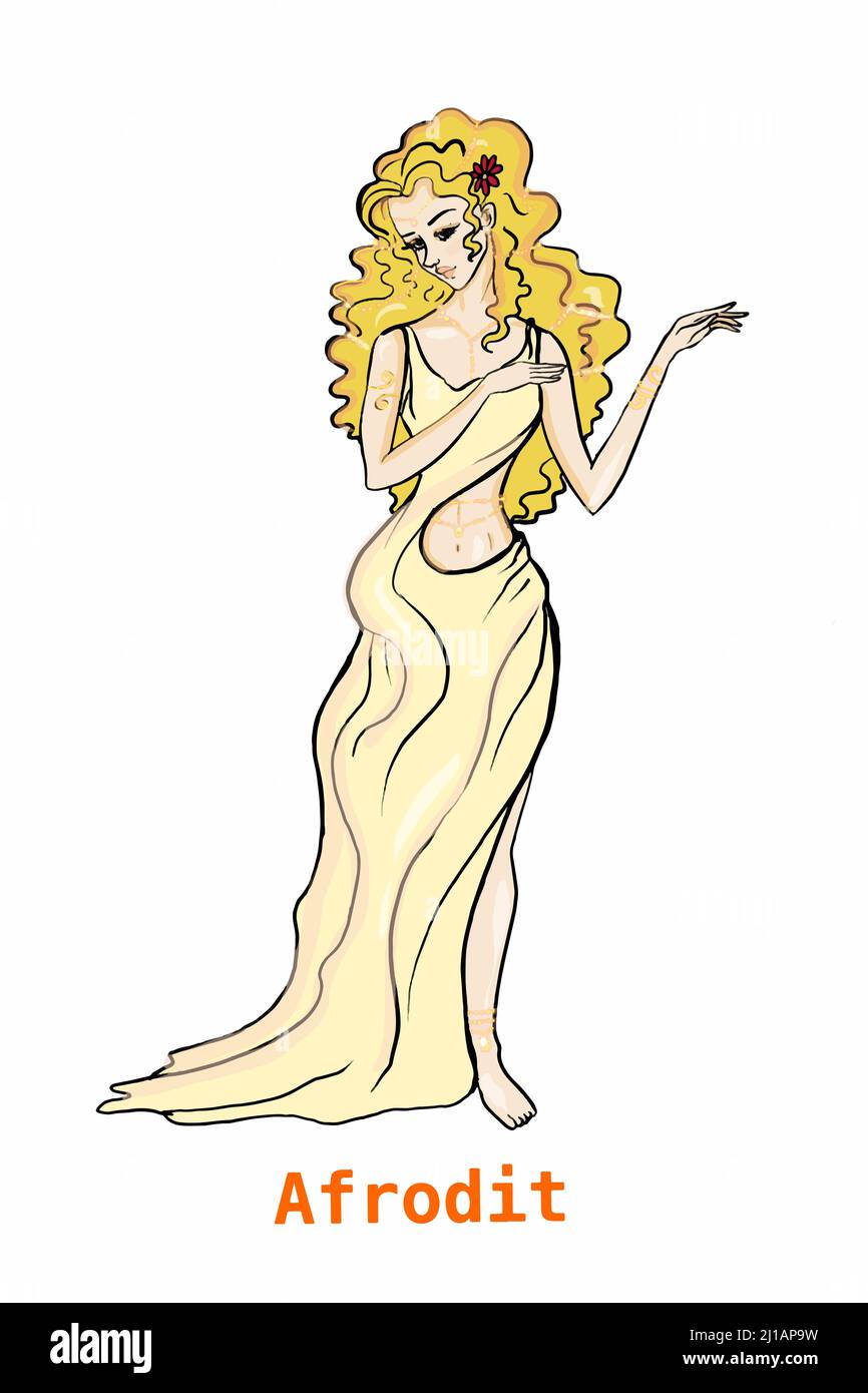 Greek mythology Gods, Aphrodite,illustration ,white background,line drawing. Stock Photo