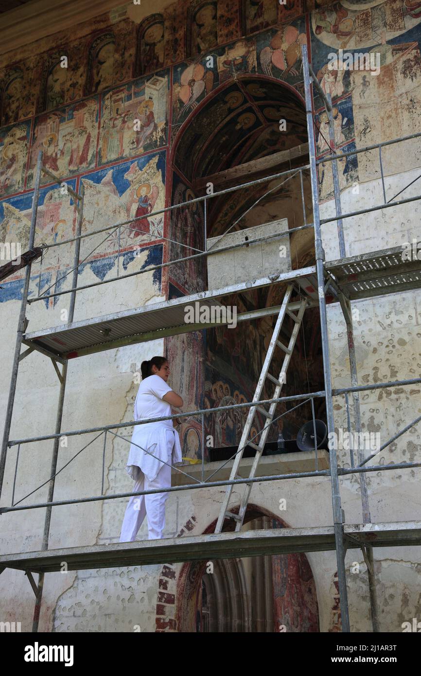 Restauratorin bei der Arbeit an den Fresken, Vatra Moldovitei, Romania, Das Kloster Moldovita, Manastirea Moldovita, ist ein rumänisch-orthodoxes Frau Stock Photo