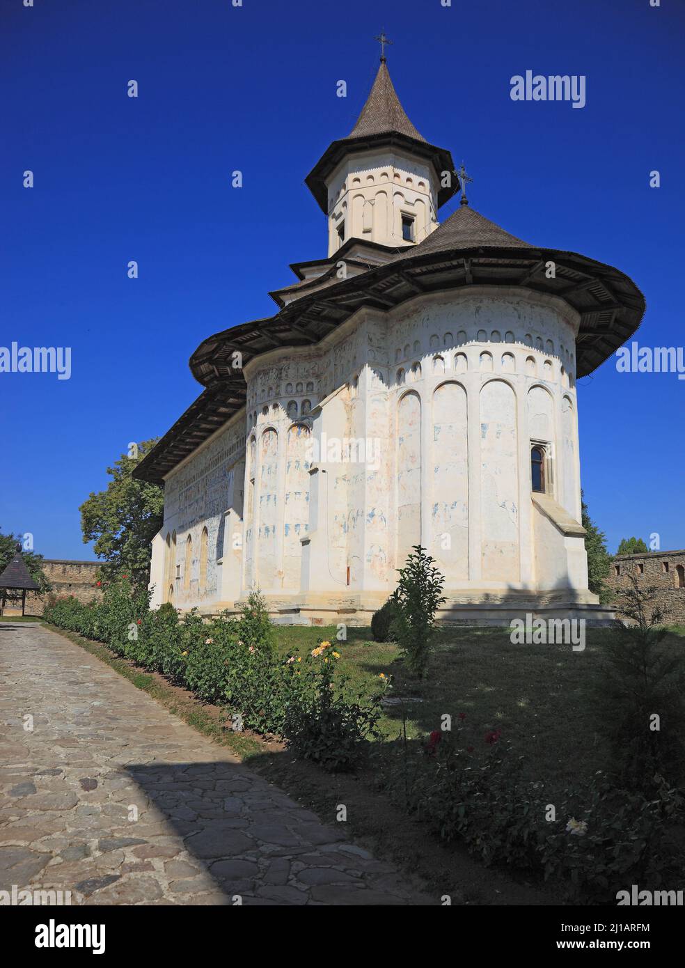 Probota, Romania, Das Kloster Probota befindet sich in Probota, nahe der Stadt Dolhasca in Rumänien. Die Klosterkirche Sf Nicolae, Heiliger Nikolaus, Stock Photo