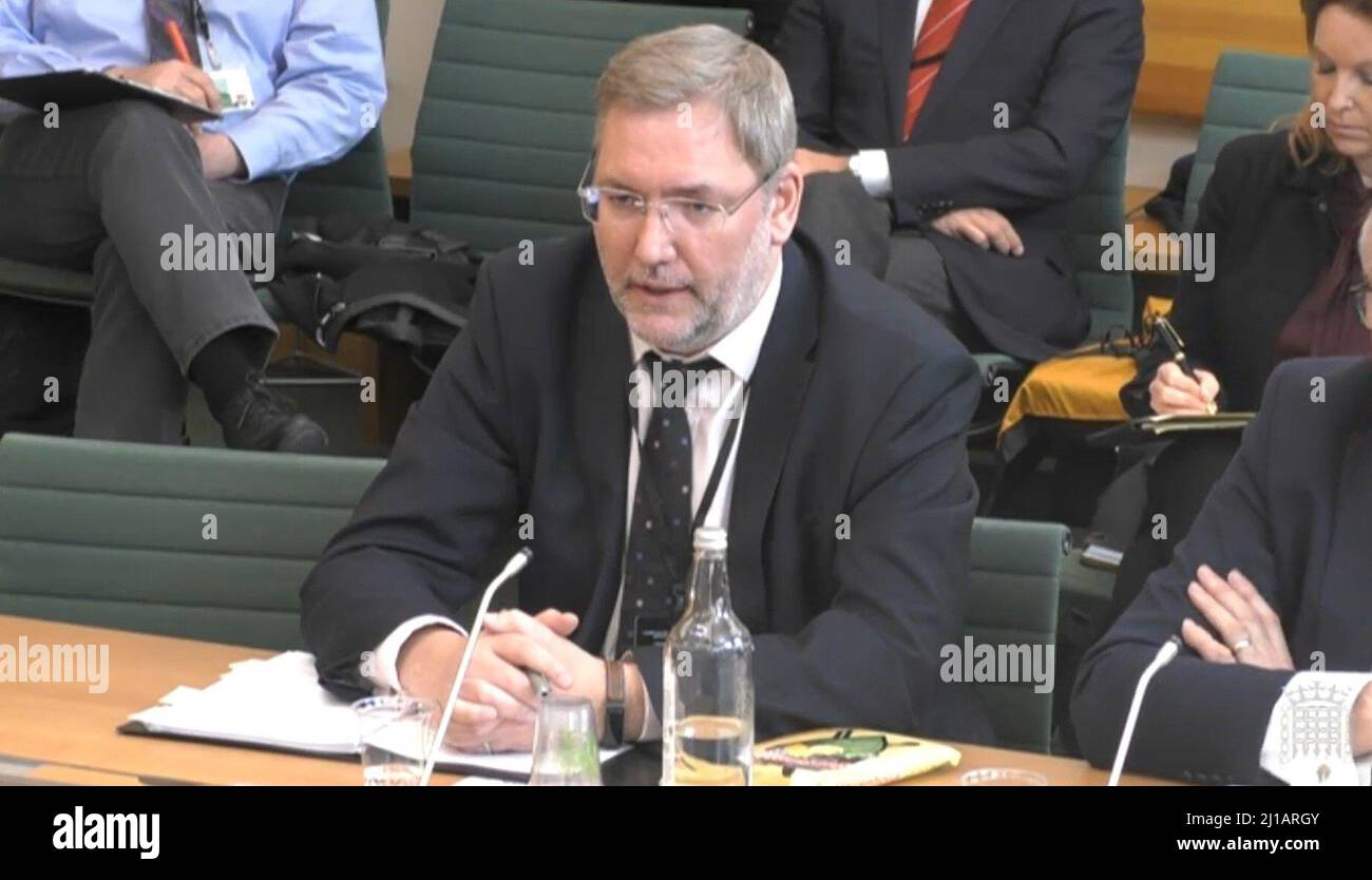 Dean Beale, Chief Executive Officer, The Insolvency Service, answering questions in front of the Transport Committee and Business, Energy and Industrial Strategy Select Committee in the House of Commons, London, on the subject of P&O Ferries after the ferry giant handed 800 seafarers immediate severance notices last week. Picture date: Thursday March 24, 2022. Stock Photo
