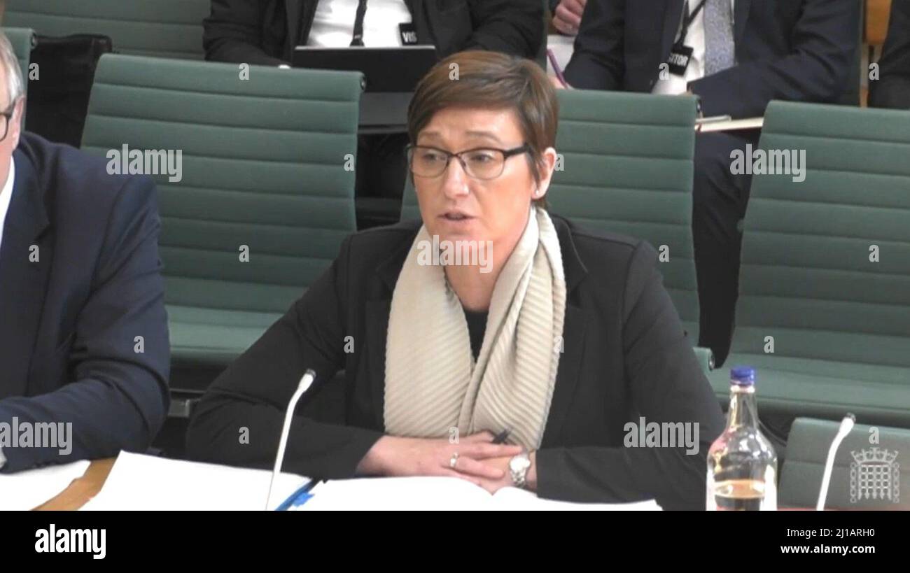 Katy Ware, Director, UK Maritime Services, answering questions in front of the Transport Committee and Business, Energy and Industrial Strategy Select Committee in the House of Commons, London, on the subject of P&O Ferries after the ferry giant handed 800 seafarers immediate severance notices last week. Picture date: Thursday March 24, 2022. Stock Photo