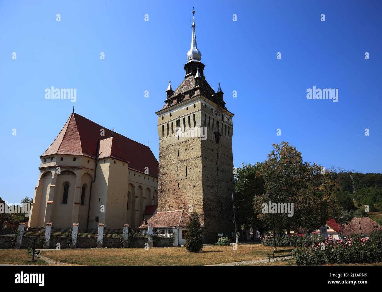 Im gotischen Stil gebaute evangelische Kirche aus dem Jahr 1496 in Saschiz, deutsch Keisd, ist eine Gemeinde in Siebenbürgen, Rumänien im Kreis Mures Stock Photo