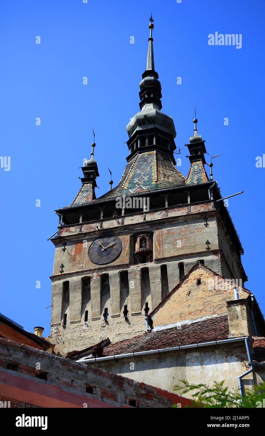 Der Stundturm, Sighisoara, Schäßburg, Saxoburgum, im Kreis Mures in Siebenbürgen, Rumänien. Ihr historisches Zentrum wurde 1999 zum Unesco-Weltkulture Stock Photo
