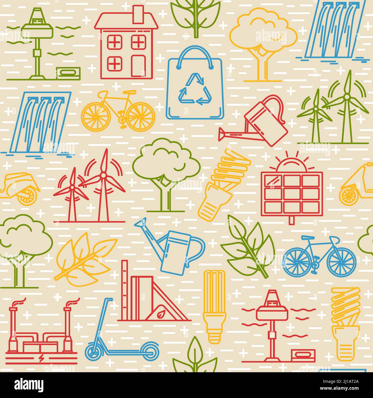 Bright seamless pattern with energy and ecology symbols in thin line ...