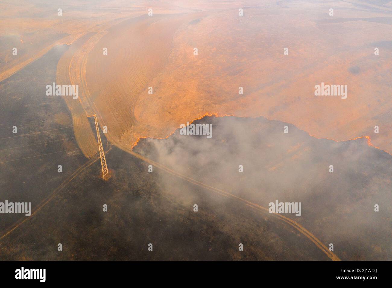 Aerial view of spring dry grass burning field. Fire and smoke in the meadow, nature pollution and danger, shrubs and common waste are burned in Romani Stock Photo