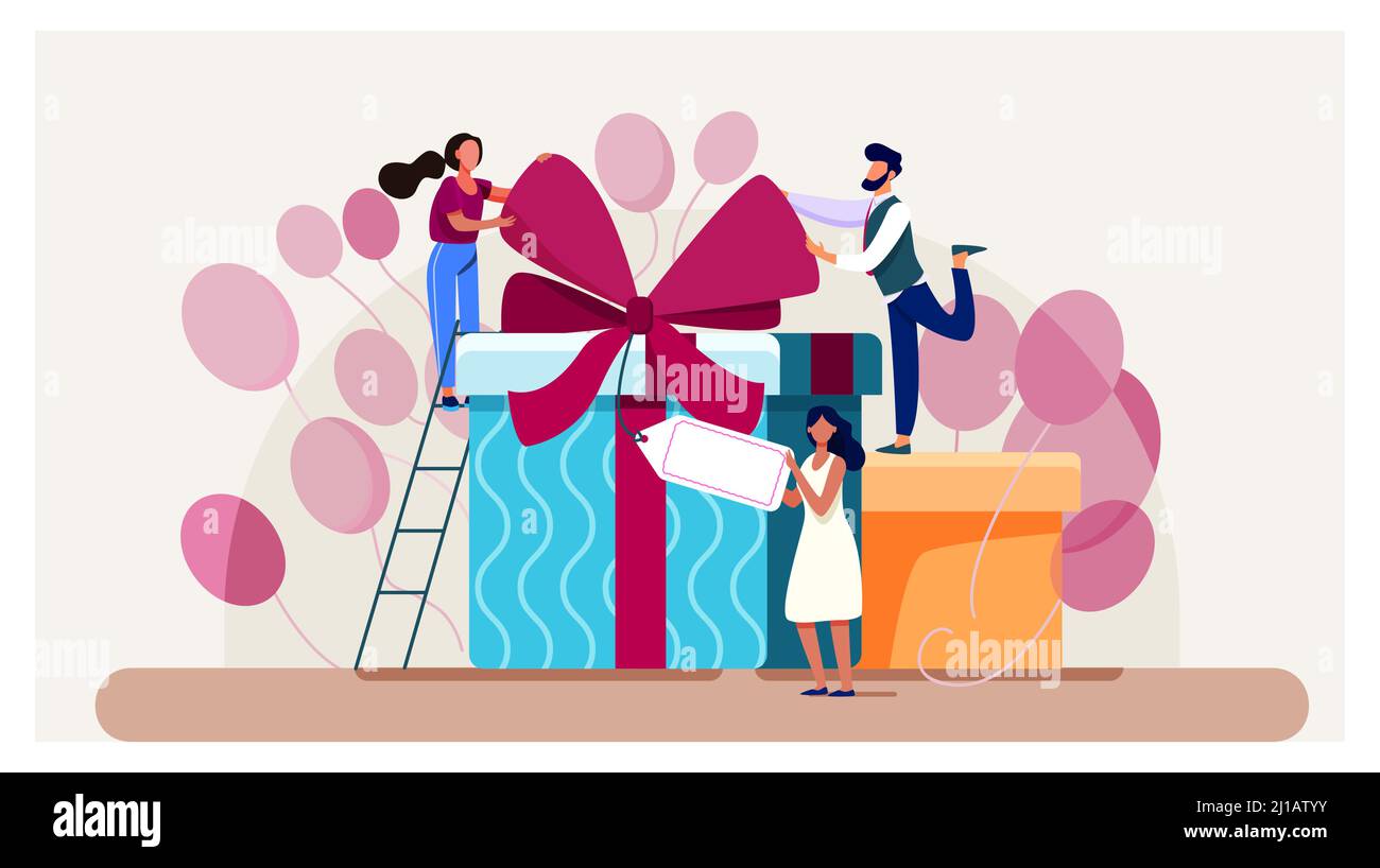 Friends celebrating birthday, packing gifts. People standing at present boxes, holding tag. Vector illustration for surprise, party, festive event, lo Stock Vector