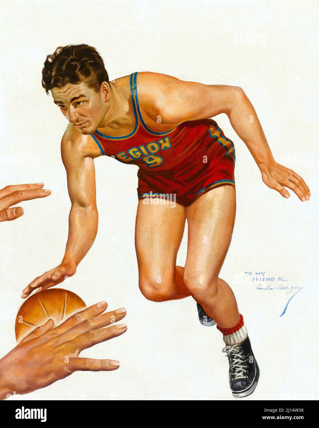 EARLE K. BERGEY (American, 1901-1952). Basketball Player, sports pulp cover. Oil on canvas. Stock Photo