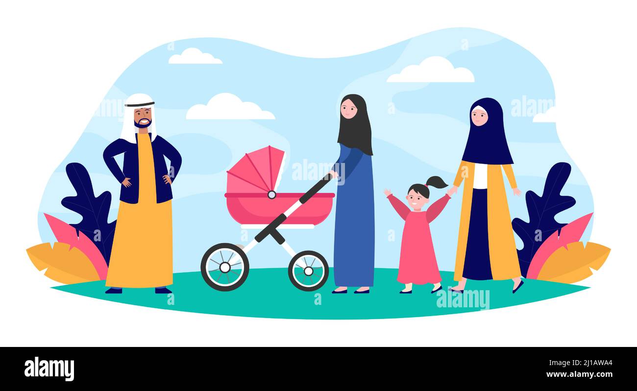 Muslim family walking in park. Kid, nature, love flat vector illustration. Nationality and religion concept for banner, website design or landing web Stock Vector