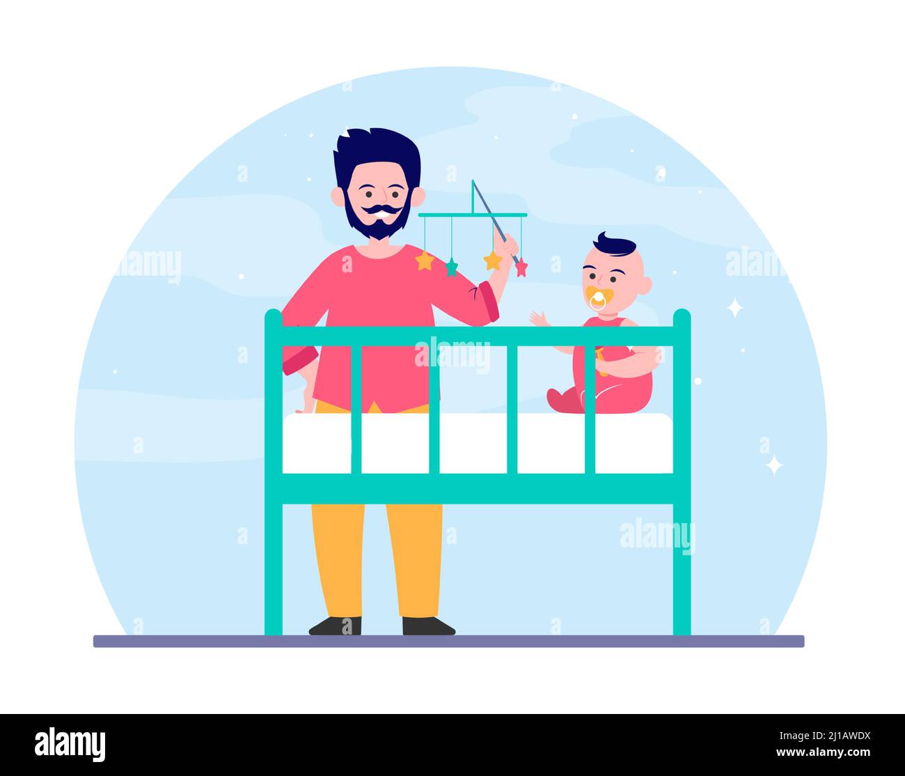 New dad playing with baby in crib. Rattle toy, soothing child for