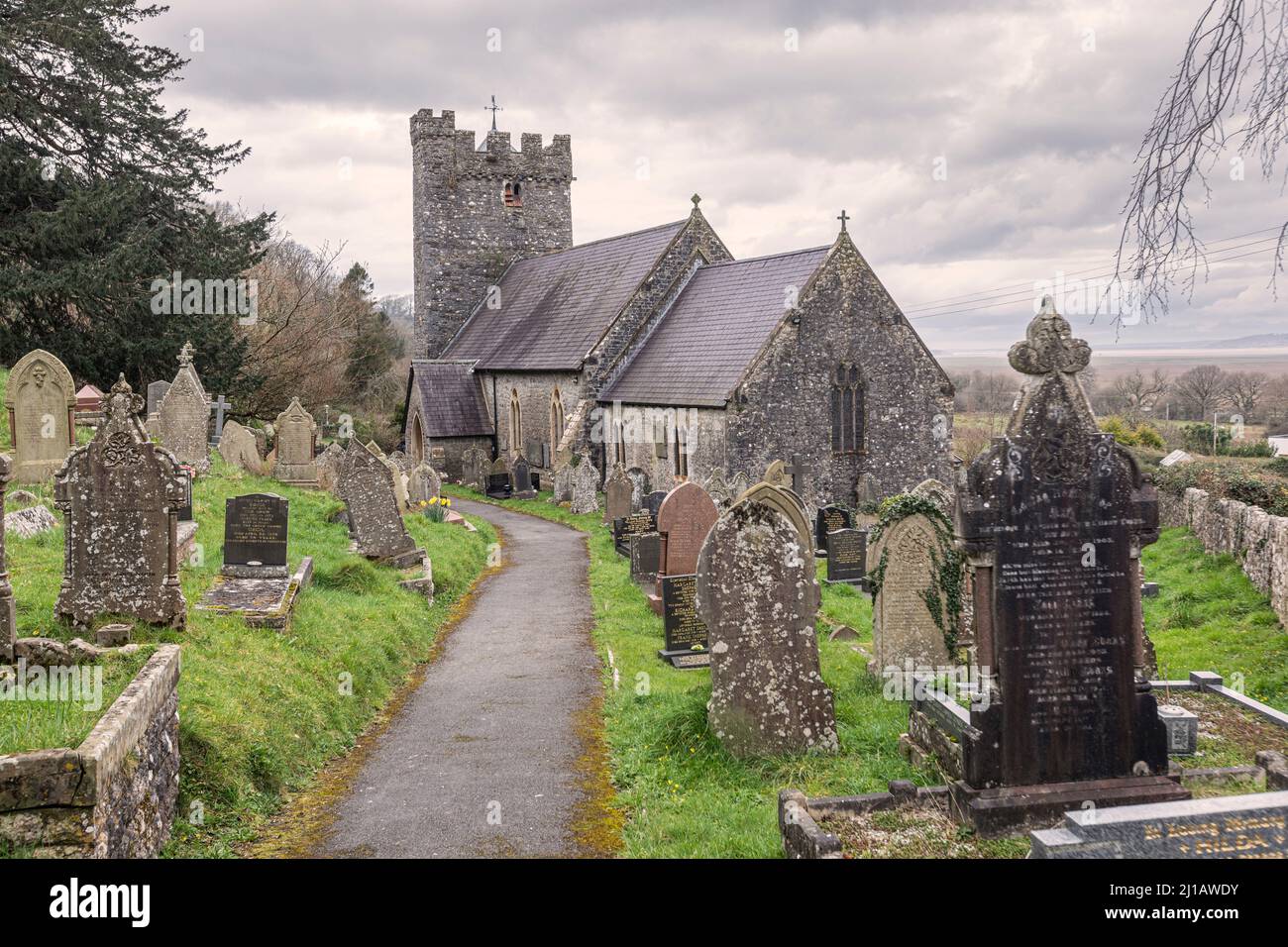 A church at Llanrhidian on The Gower Peninsula, Wales was thought to have been first established by St Rhidian in the 6th century, the church was late Stock Photo