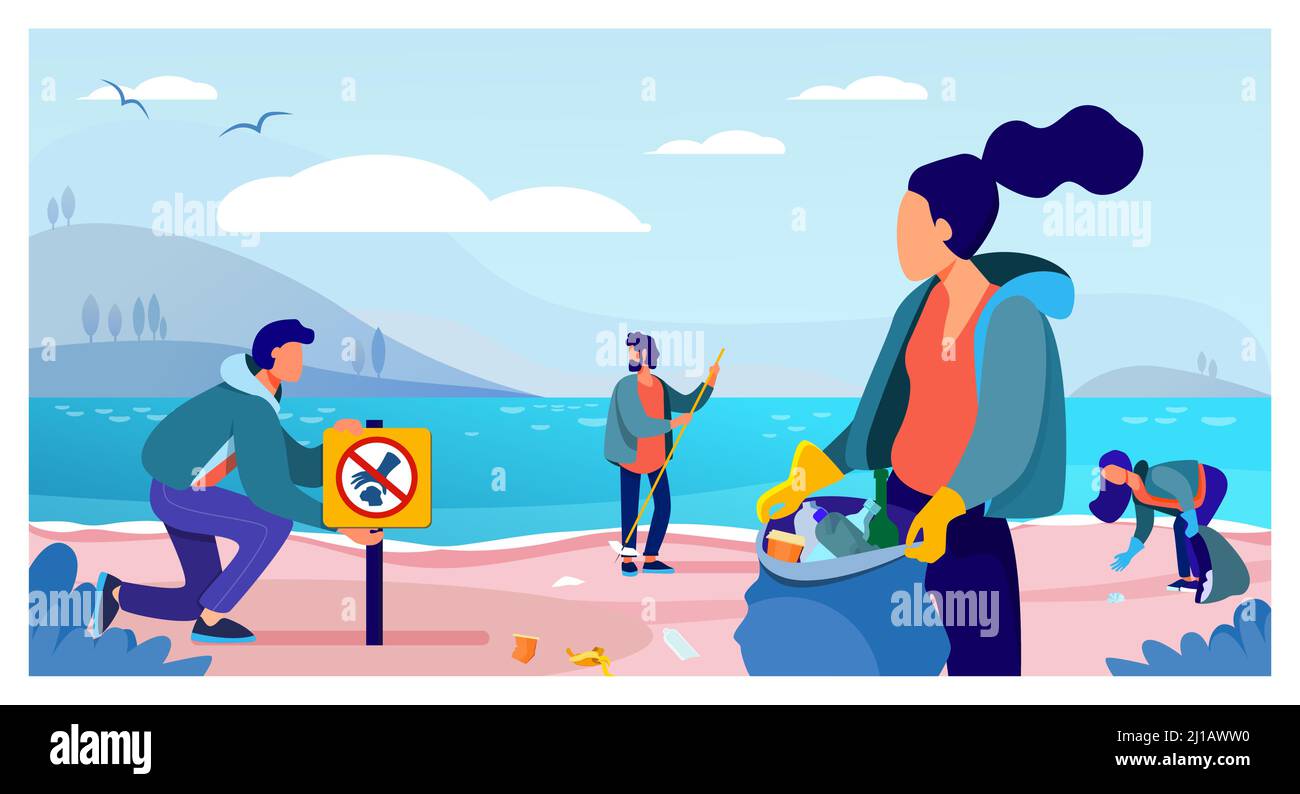 Group of young volunteers collecting trash on ocean beach flat vector