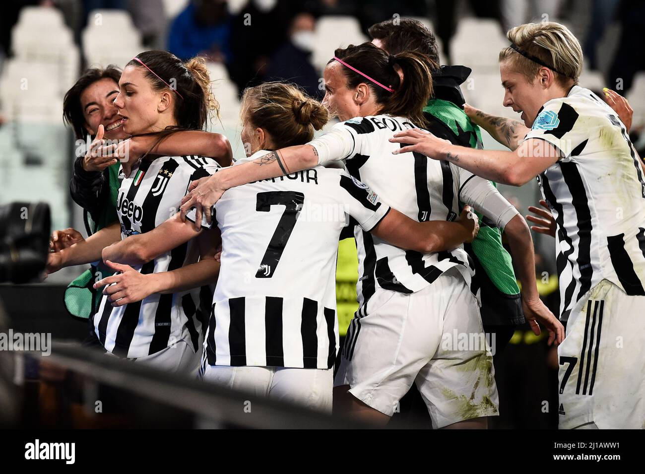 Turin, Italy. 23 March 2022. Agnese Bonfantini of Juventus FC celebrates  with her teammates after scoring a goal during the UEFA Women's Champions  League quarter final first leg football match between Juventus