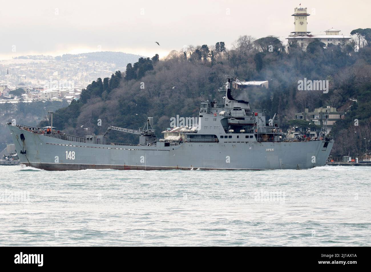 The Russian Navy's large landing ship Orsk sails in the Bosphorus, on