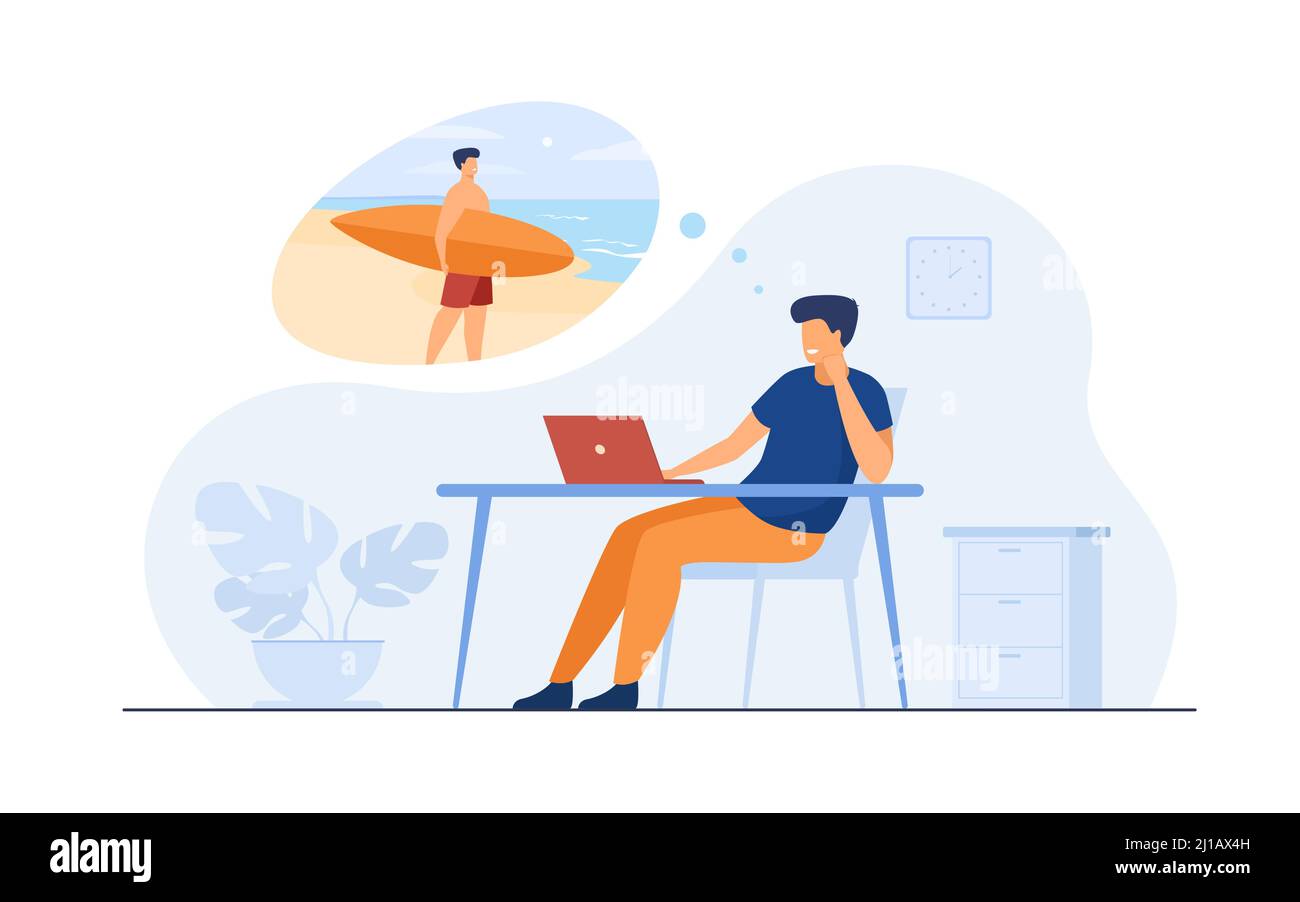 Office manager dreaming about vacation at sea flat vector illustration. Cartoon business person relaxing during job and thinking about surfing. Holida Stock Vector