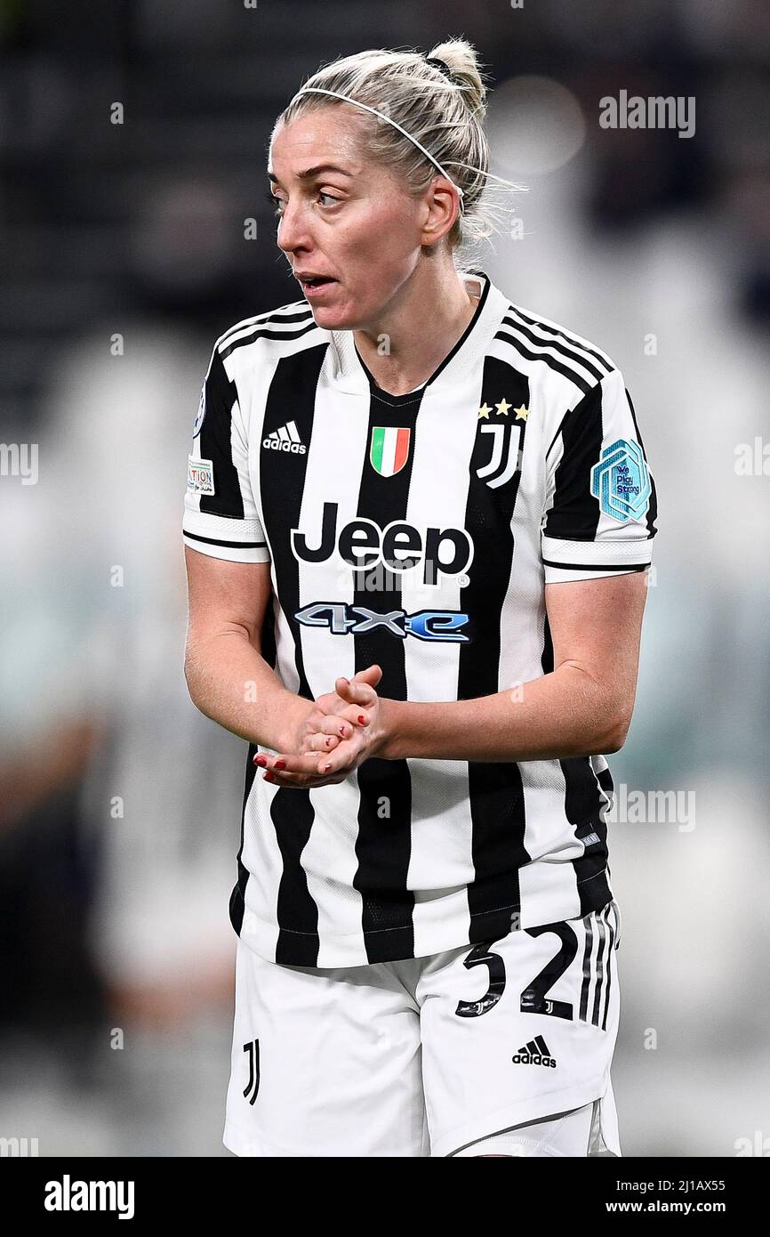 Turin, Italy. 23 March 2022. Linda Sembrant of Juventus FC reacts during the UEFA Women's Champions League quarter final first leg football match between Juventus FC and Olympique Lyonnais. Credit: Nicolò Campo/Alamy Live News Stock Photo